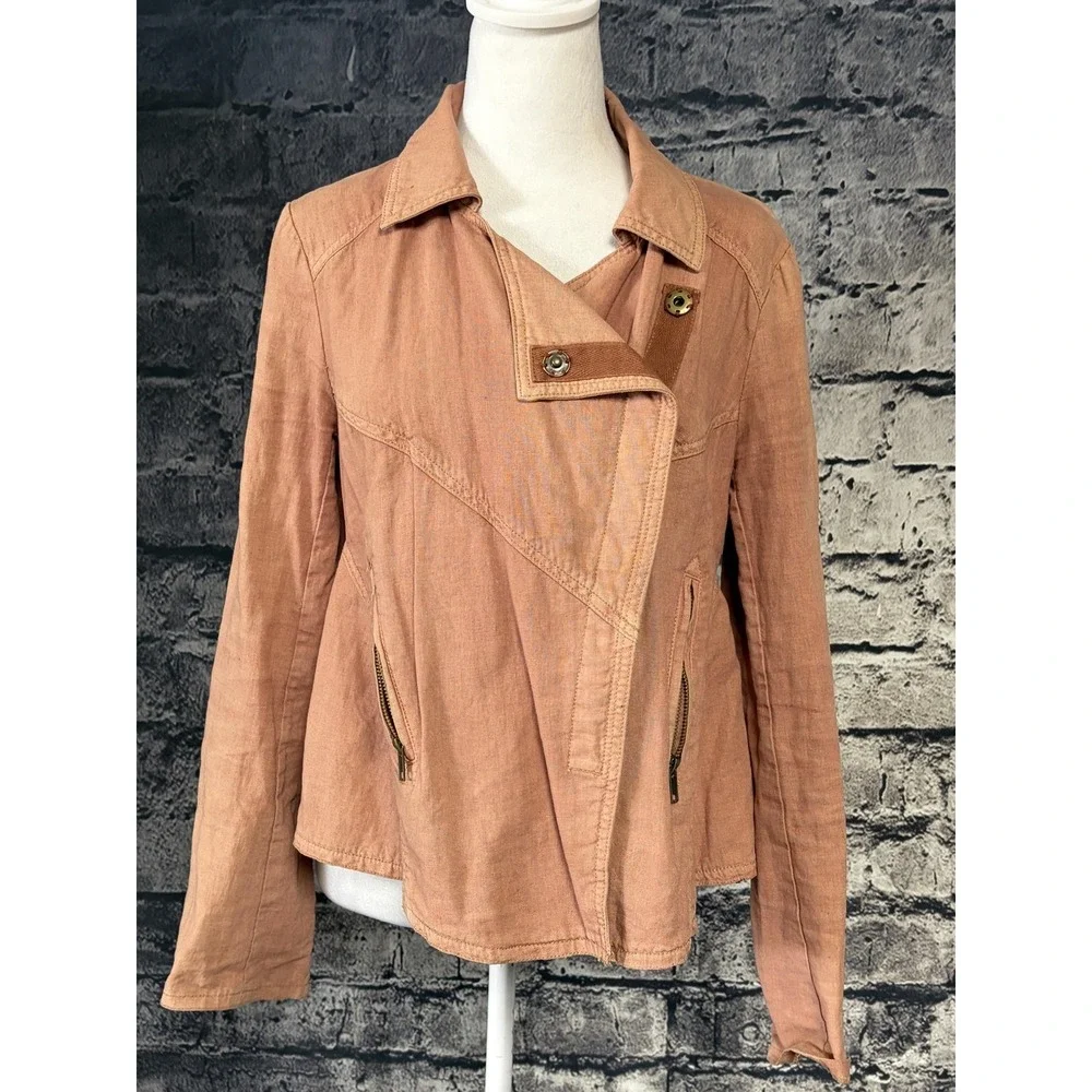 Free People Jacket Womens XS Pink Linen Blend Moto Asymmetrical Zip Biker Canvas